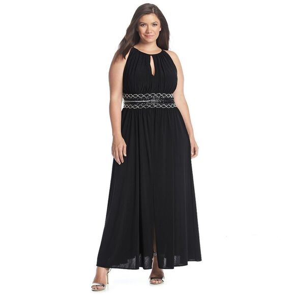 New! R&M RICHARDS Plus Size Women's Beaded Front-Slit Maxi Black Dress Size 14W - Picture 4 of 5